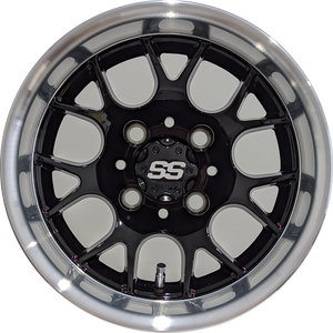 12" Aluminum Golf Cart Wheel - Excalibur Series 85 - Gloss Black / Machined Lip