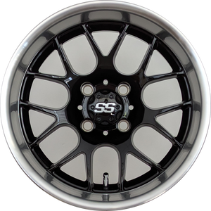 14" Aluminum Golf Cart Wheel - Excalibur Series 85 - Gloss Black / Machined Lip