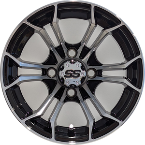 12" Aluminum Golf Cart Wheel - Excalibur Series 86 - Gloss Black / Machined Face