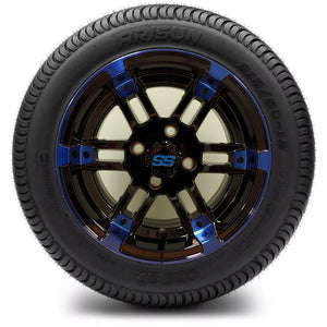 12in. Low Pro 215/50-12 on Excalibur Series 77 Black/Blue Machined Face Wheel - Set of 4