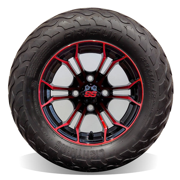 12in. LIGHTNING Off Road 23x10-12 on Excalibur Series 86 Gloss Black / Red Face Wheel - Set of 4