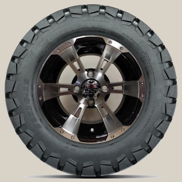 12in. TIMBERWOLF 22x10-12 on Excalibur Series 57 Black/Machined Face Wheel - Set of 4