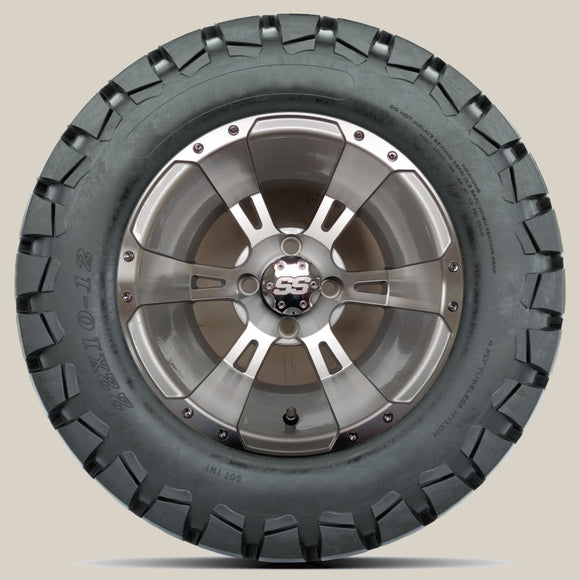 12in. TIMBERWOLF 22x10-12 on Excalibur Series 57 Silver/Machined Face Wheel - Set of 4