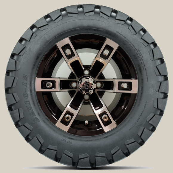 12in. TIMBERWOLF 22x10-12 on Excalibur Series 71 Black/Machined Face Wheel - Set of 4