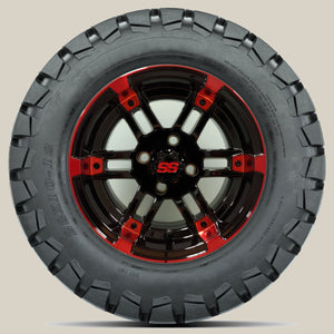 12in. TIMBERWOLF 22x10-12 on Excalibur Series 77 Black/Red Machined Face Wheel - Set of 4