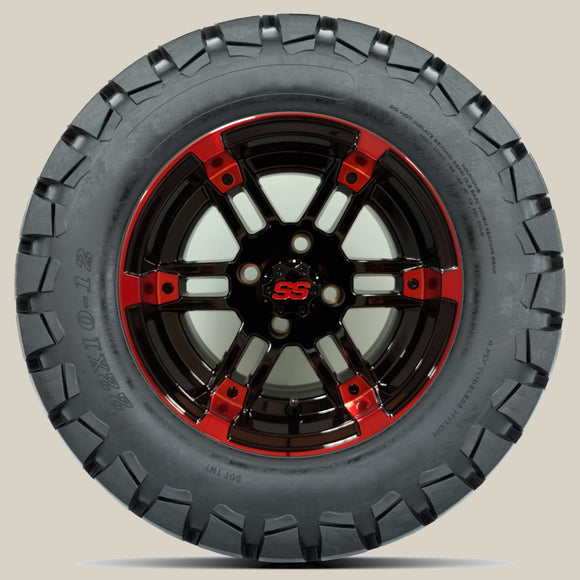 12in. TIMBERWOLF 22x10-12 on Excalibur Series 77 Black/Red Machined Face Wheel - Set of 4
