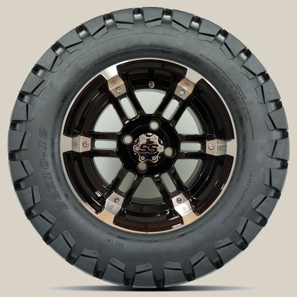 12in. TIMBERWOLF 22x10-12 on Excalibur Series 77 Black/Machined Face Wheel - Set of 4