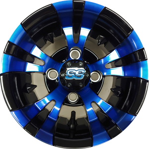 10" Aluminum Golf Cart Wheel - Excalibur Series 74 - Black/Blue Machined Face