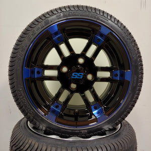 12in. Low Pro 215/35-12 on Excalibur Series 77 Black/Blue Machined Face Wheel - Set of 4
