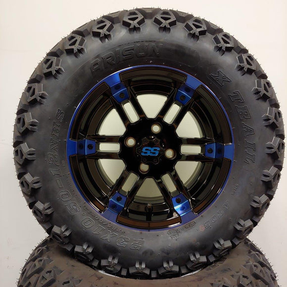 12in. Off Road 23x10.5x12 on Excalibur Series 77 Black/Blue Machined Face Wheel - Set of 4