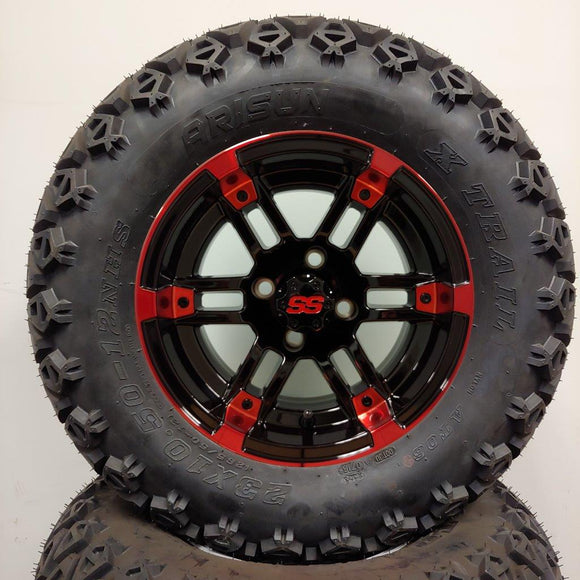 12in. Off Road 23x10.5x12 on Excalibur Series 77 Black/Red Machined Face Wheel - Set of 4