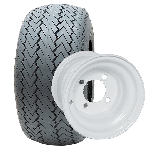Steel, White 8x7 Standard Rim with Non Marking Golf Cart Tire - Grey, 18X8.5-8, 6 PLY, Sold EA.